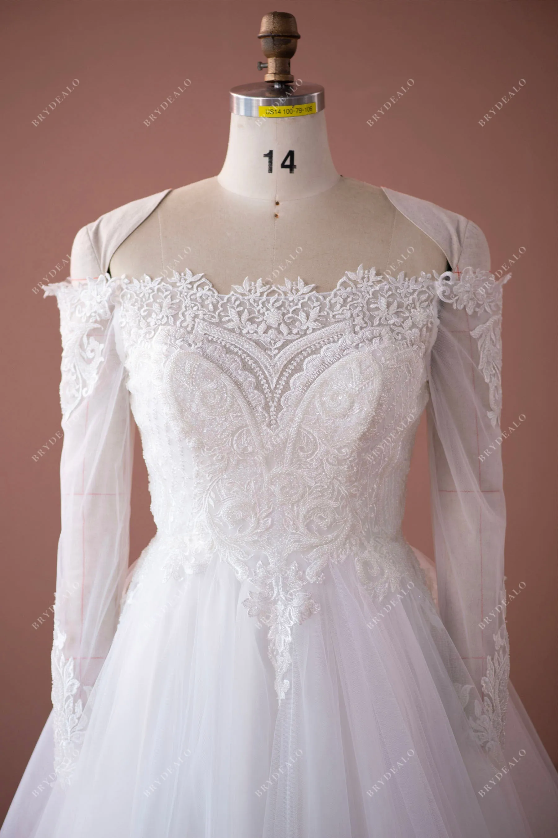 Off-shoulder Illusion Sleeve Designer Beaded Lace Wedding Ball Gown
