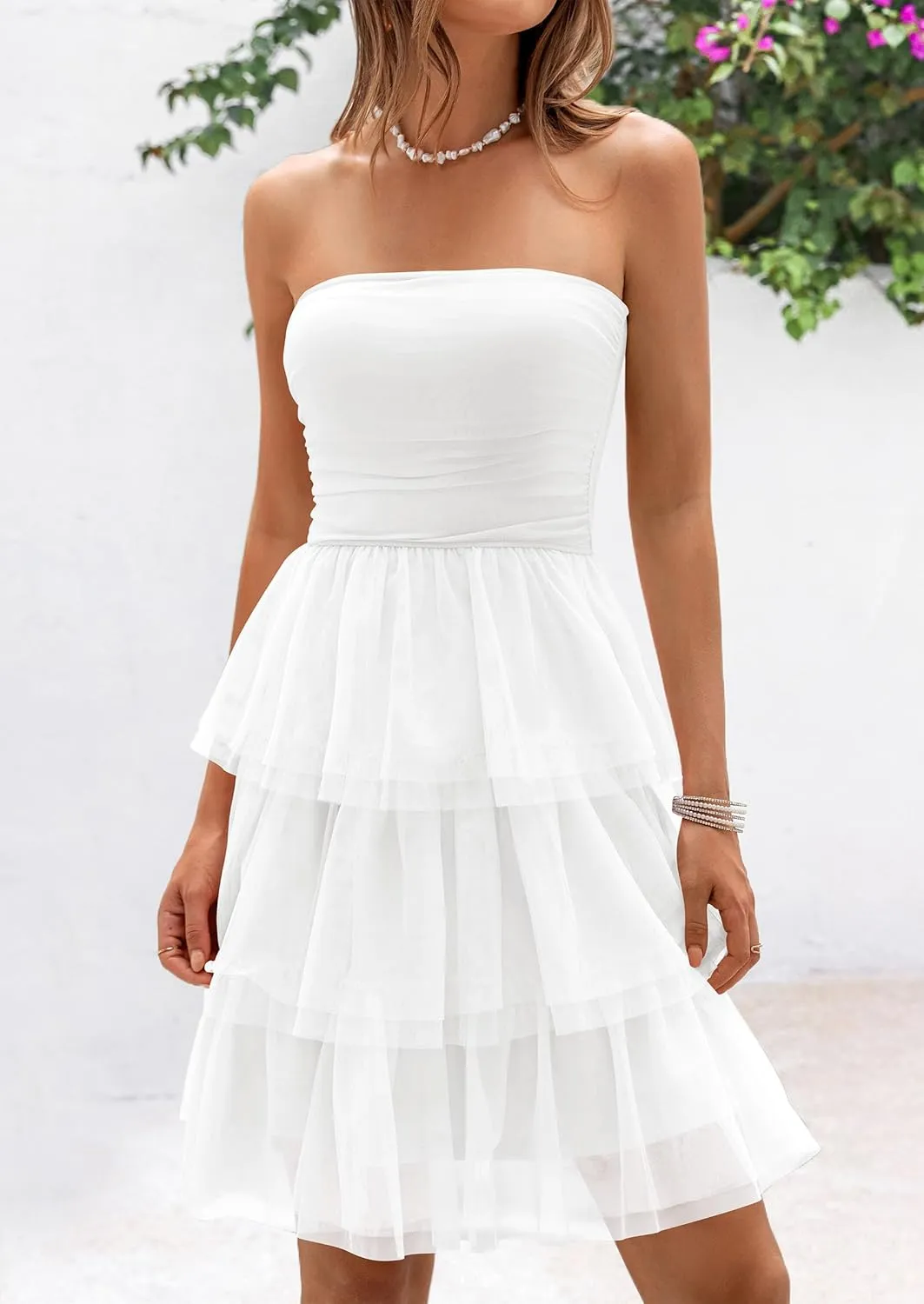 PRETTYGARDEN Womens Tulle Dress Strapless Tube Top Short Dress Summer Ruffle Tiered Beach Sundress Wedding Guest Dresses