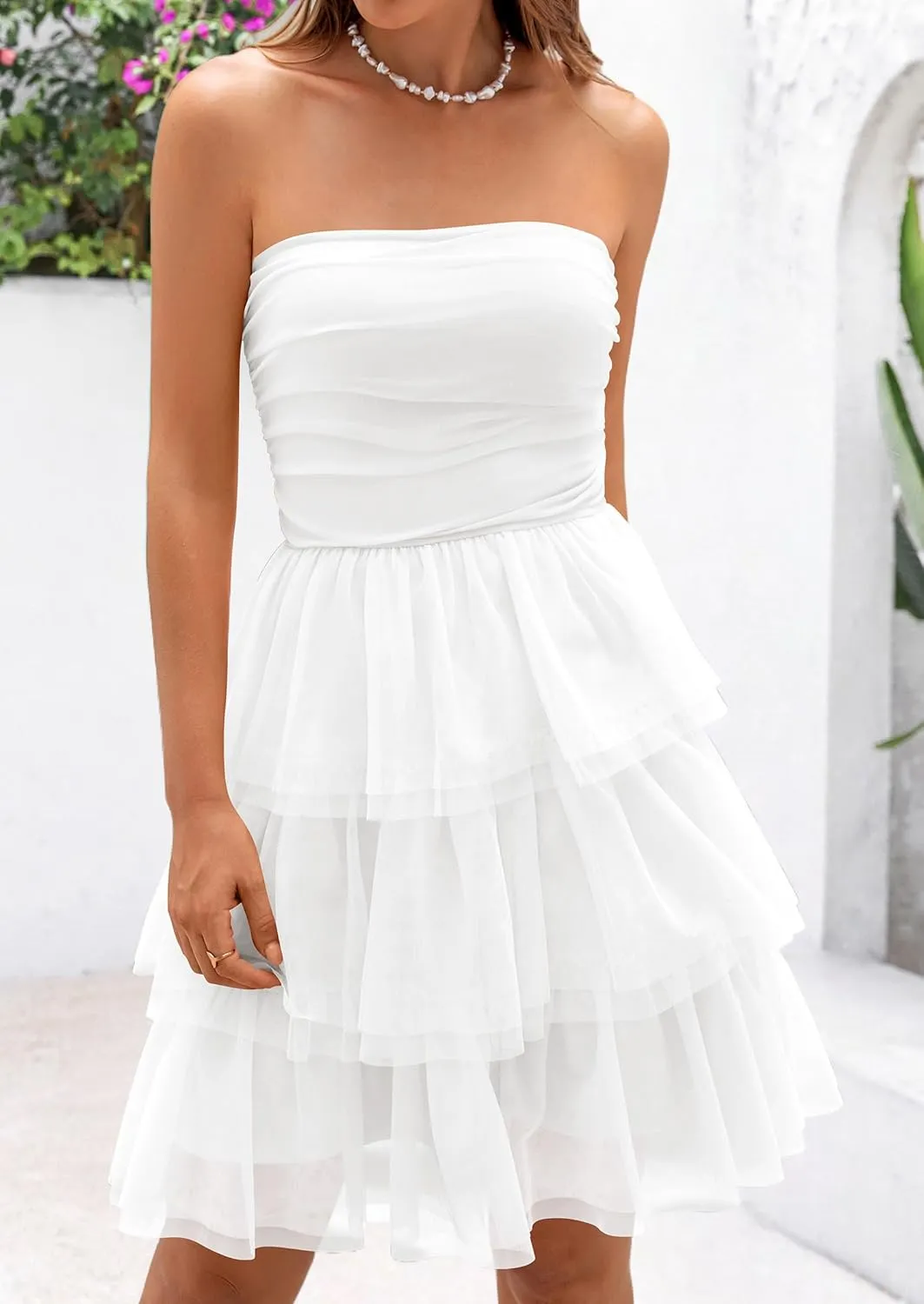 PRETTYGARDEN Womens Tulle Dress Strapless Tube Top Short Dress Summer Ruffle Tiered Beach Sundress Wedding Guest Dresses