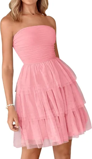PRETTYGARDEN Womens Tulle Dress Strapless Tube Top Short Dress Summer Ruffle Tiered Beach Sundress Wedding Guest Dresses