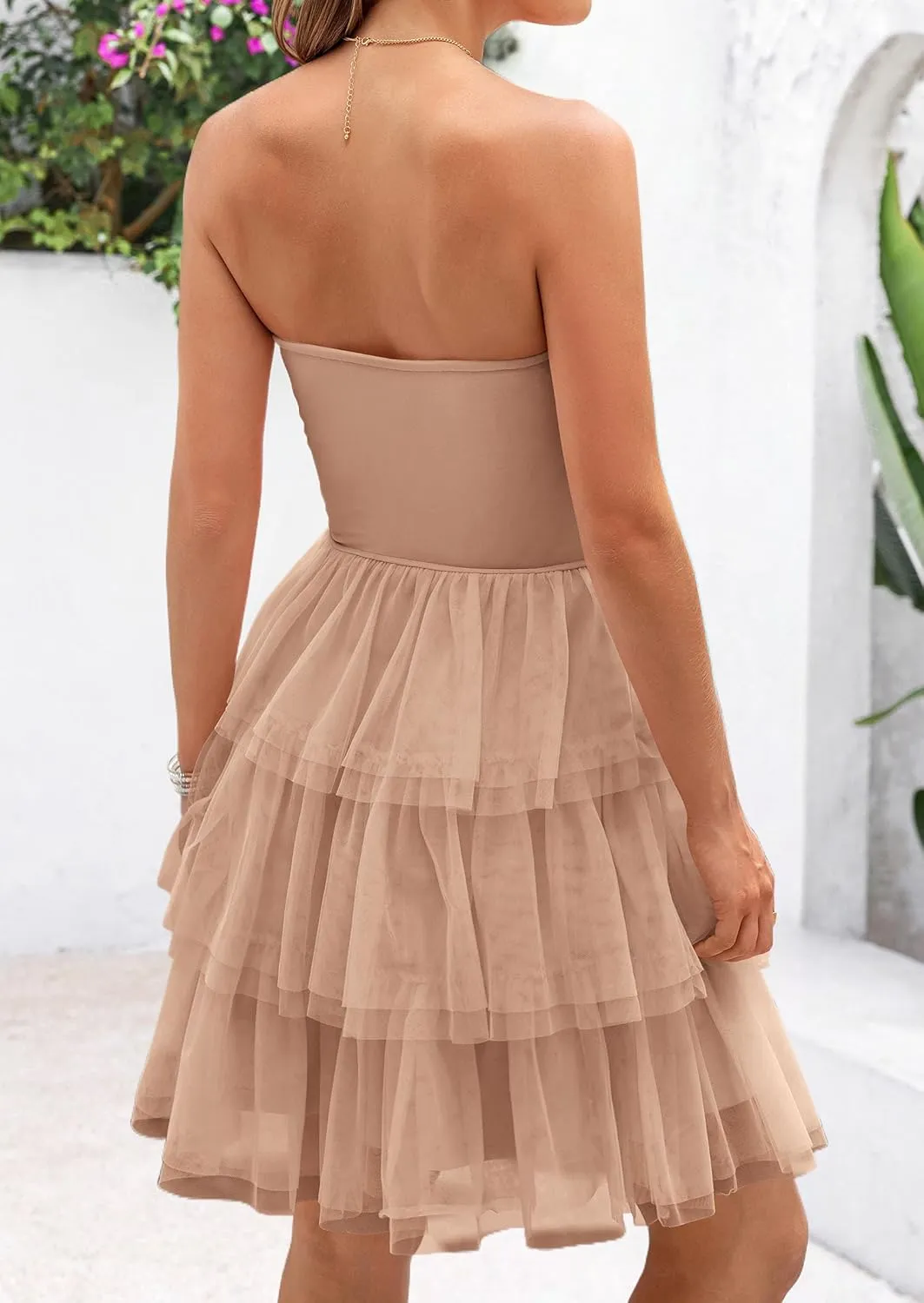 PRETTYGARDEN Womens Tulle Dress Strapless Tube Top Short Dress Summer Ruffle Tiered Beach Sundress Wedding Guest Dresses