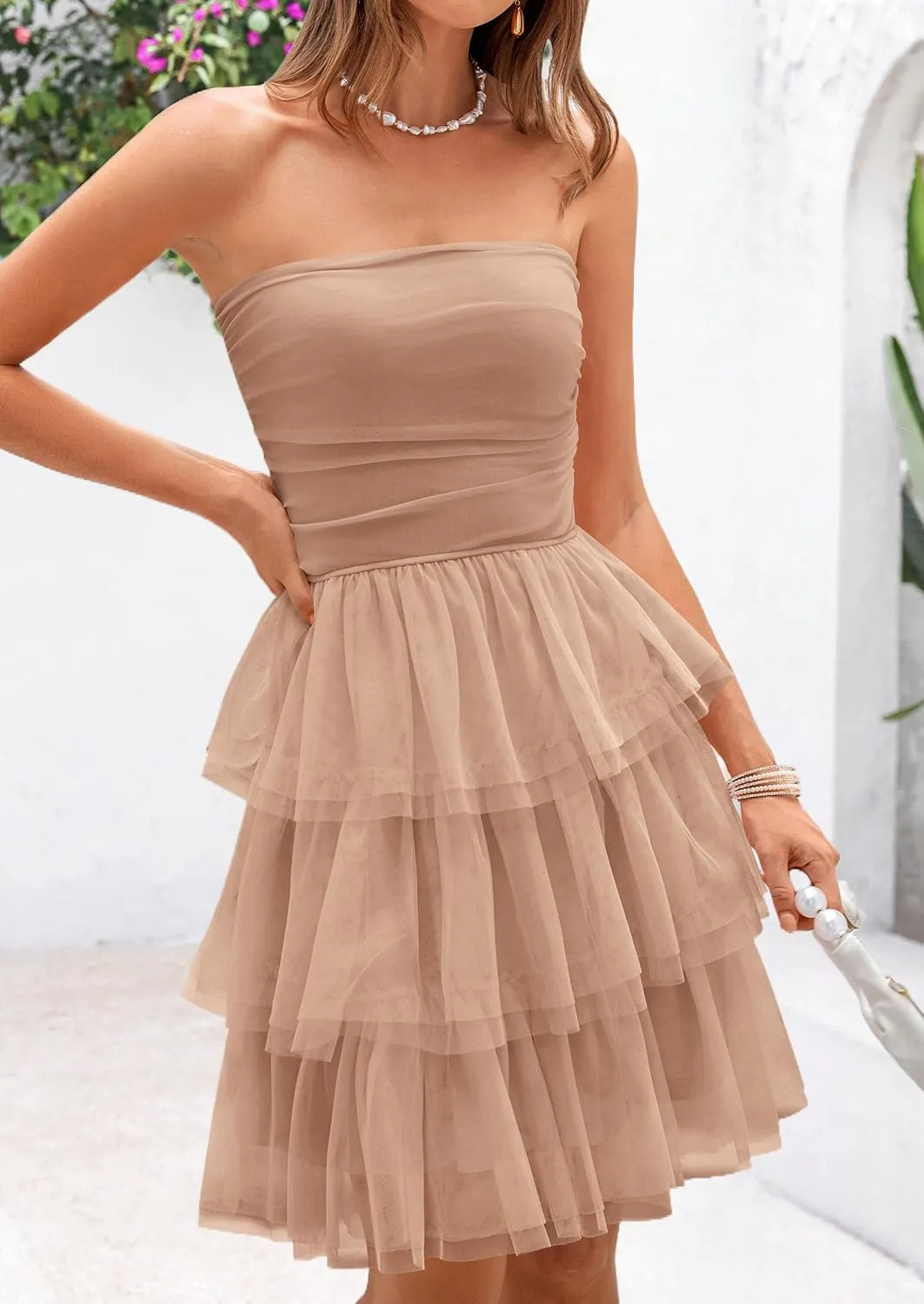 PRETTYGARDEN Womens Tulle Dress Strapless Tube Top Short Dress Summer Ruffle Tiered Beach Sundress Wedding Guest Dresses