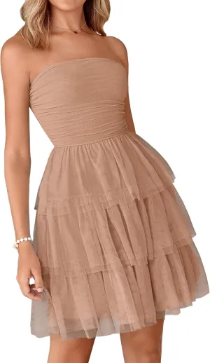 PRETTYGARDEN Womens Tulle Dress Strapless Tube Top Short Dress Summer Ruffle Tiered Beach Sundress Wedding Guest Dresses