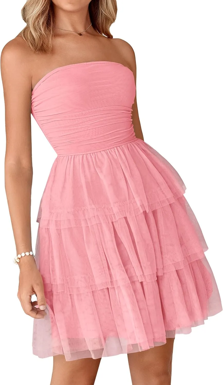 PRETTYGARDEN Womens Tulle Dress Strapless Tube Top Short Dress Summer Ruffle Tiered Beach Sundress Wedding Guest Dresses