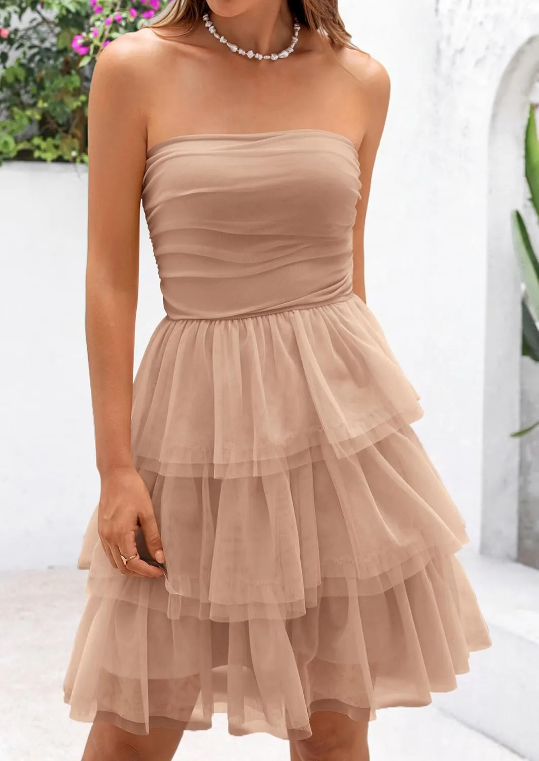 PRETTYGARDEN Womens Tulle Dress Strapless Tube Top Short Dress Summer Ruffle Tiered Beach Sundress Wedding Guest Dresses