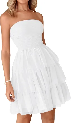 PRETTYGARDEN Womens Tulle Dress Strapless Tube Top Short Dress Summer Ruffle Tiered Beach Sundress Wedding Guest Dresses