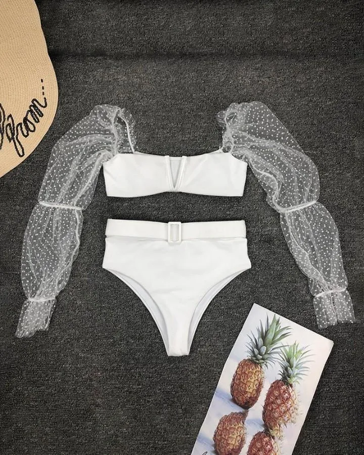 Sheer Mesh Long Sleeve Top & Bikini Set