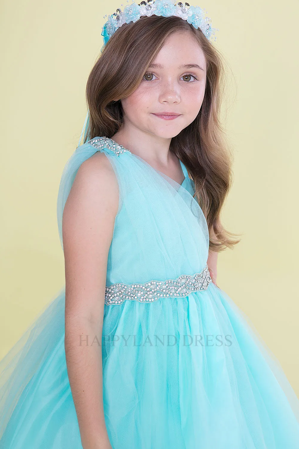 Silver Draped Shoulder with Rhinestone Tulle Dress #212760