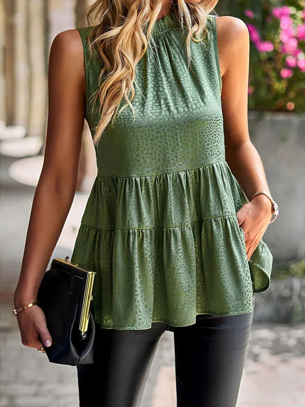 Sleeveless Pleated Printed Split-Joint Mock Neck Vest Top