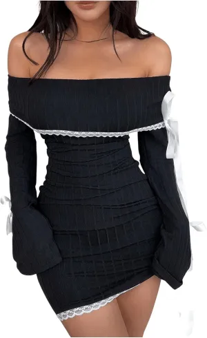 SOLY HUX Women's Bodycon Mini Dress Off The Shoulder Lace Trim Bow Long Sleeve Ruched Y2k Dresses