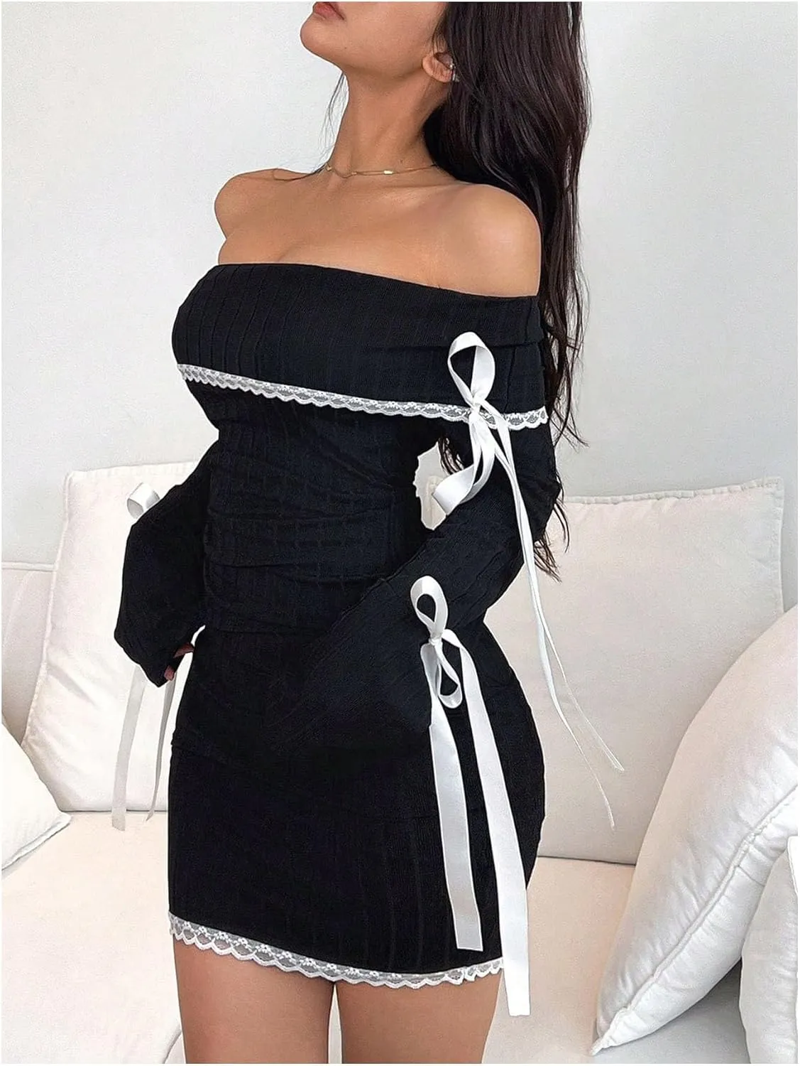 SOLY HUX Women's Bodycon Mini Dress Off The Shoulder Lace Trim Bow Long Sleeve Ruched Y2k Dresses