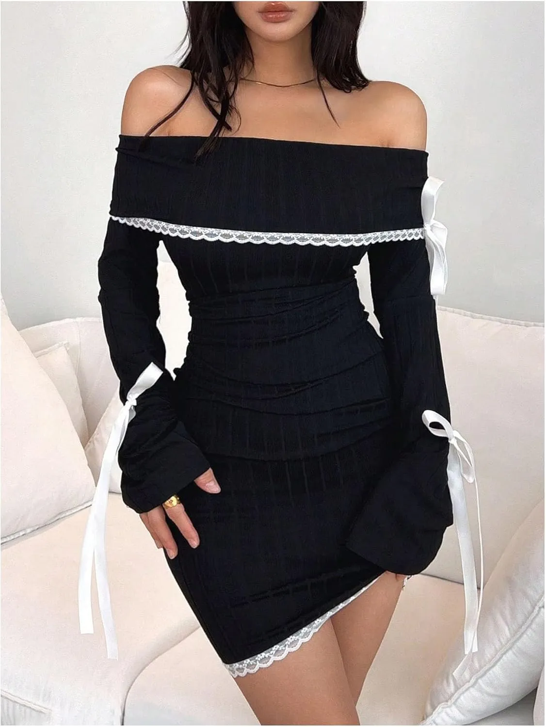 SOLY HUX Women's Bodycon Mini Dress Off The Shoulder Lace Trim Bow Long Sleeve Ruched Y2k Dresses