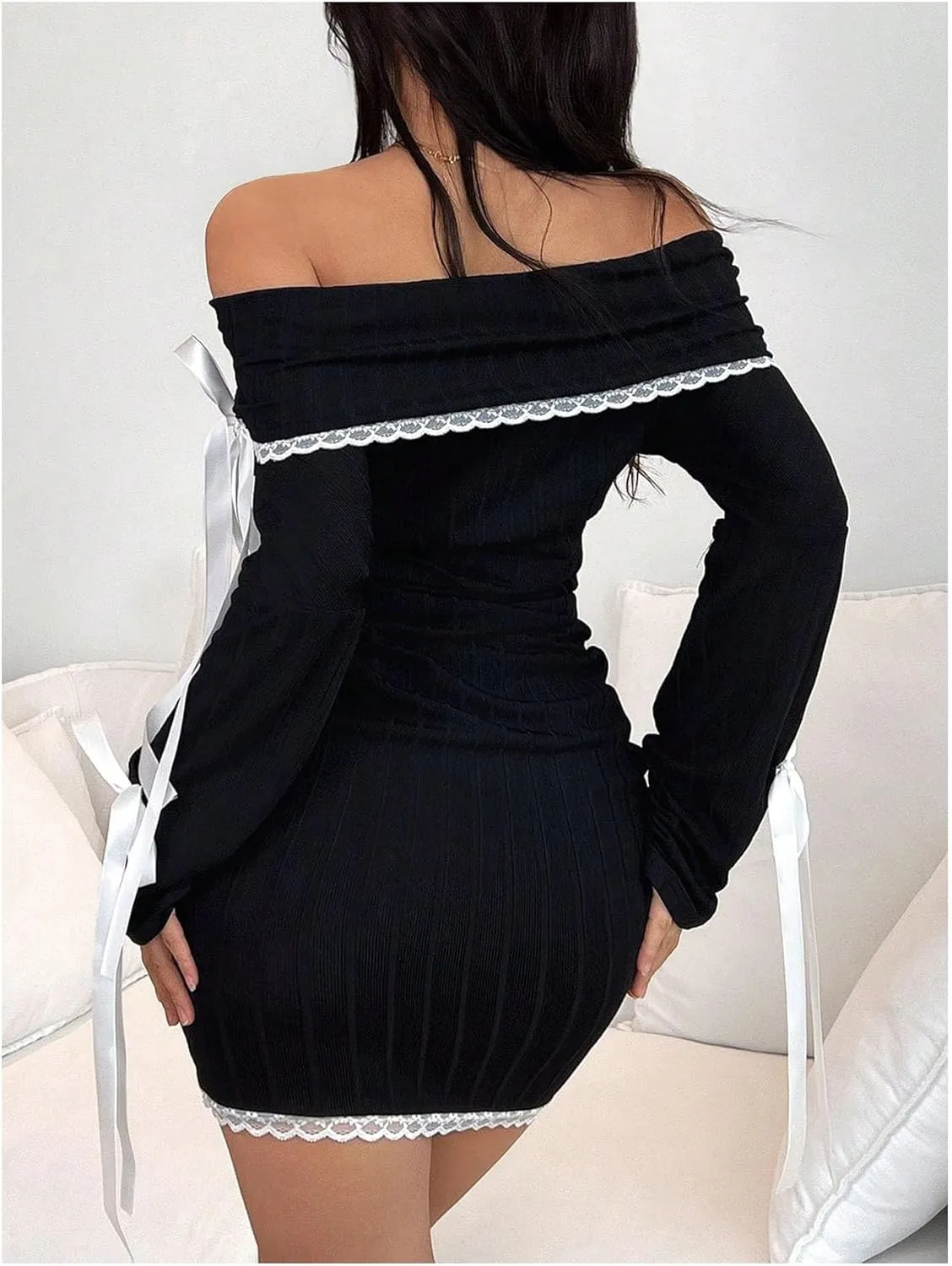 SOLY HUX Women's Bodycon Mini Dress Off The Shoulder Lace Trim Bow Long Sleeve Ruched Y2k Dresses