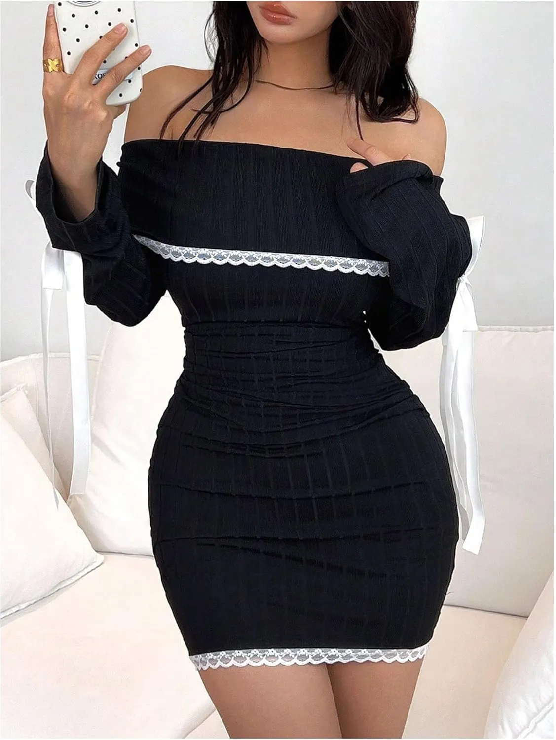 SOLY HUX Women's Bodycon Mini Dress Off The Shoulder Lace Trim Bow Long Sleeve Ruched Y2k Dresses