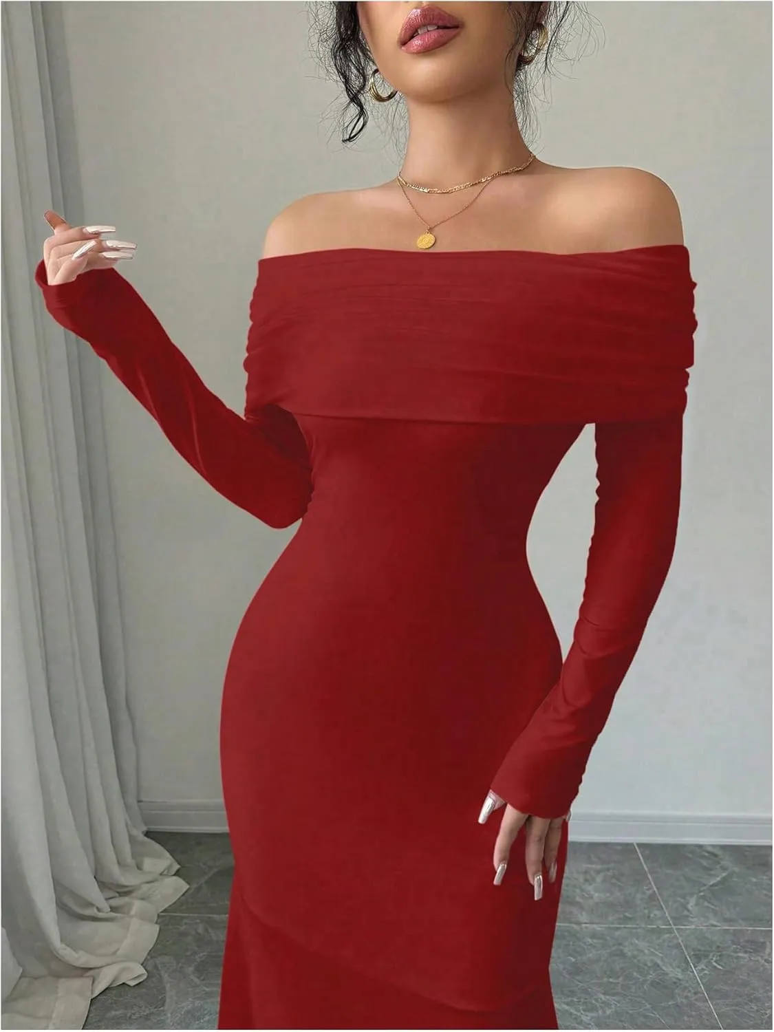 SOLY HUX Women's Long Sleeve Off The Shoulder Bodycon Dress Elegant Maxi Dress Cocktail Prom Dresses