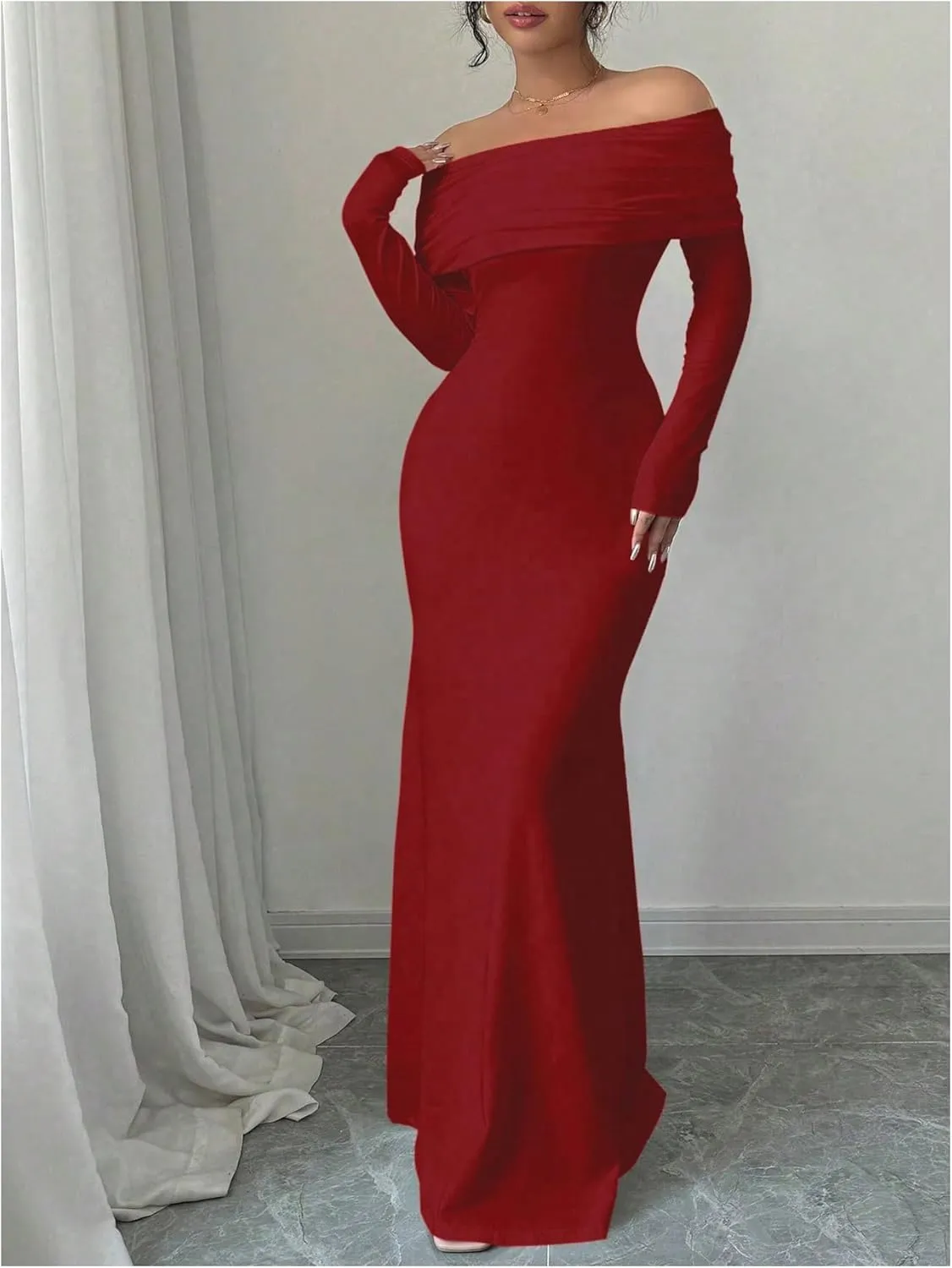 SOLY HUX Women's Long Sleeve Off The Shoulder Bodycon Dress Elegant Maxi Dress Cocktail Prom Dresses