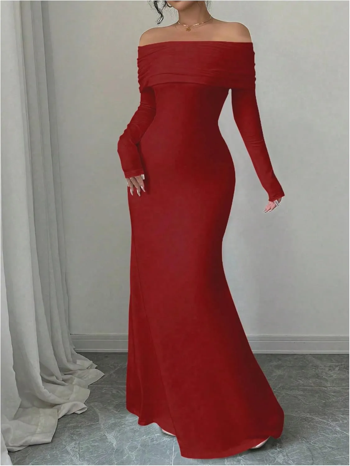 SOLY HUX Women's Long Sleeve Off The Shoulder Bodycon Dress Elegant Maxi Dress Cocktail Prom Dresses