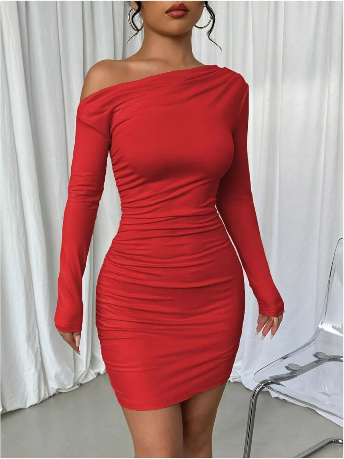 SOLY HUX Women's Ruched Bodycon Mini Dress Off The Shoulder Long Sleeve Fall Dresses