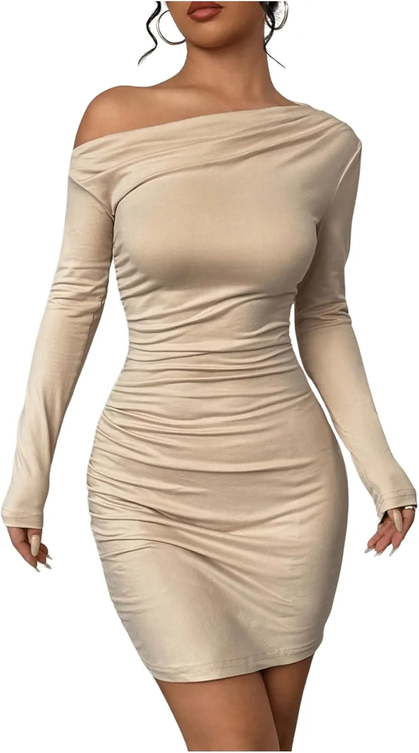 SOLY HUX Women's Ruched Bodycon Mini Dress Off The Shoulder Long Sleeve Fall Dresses