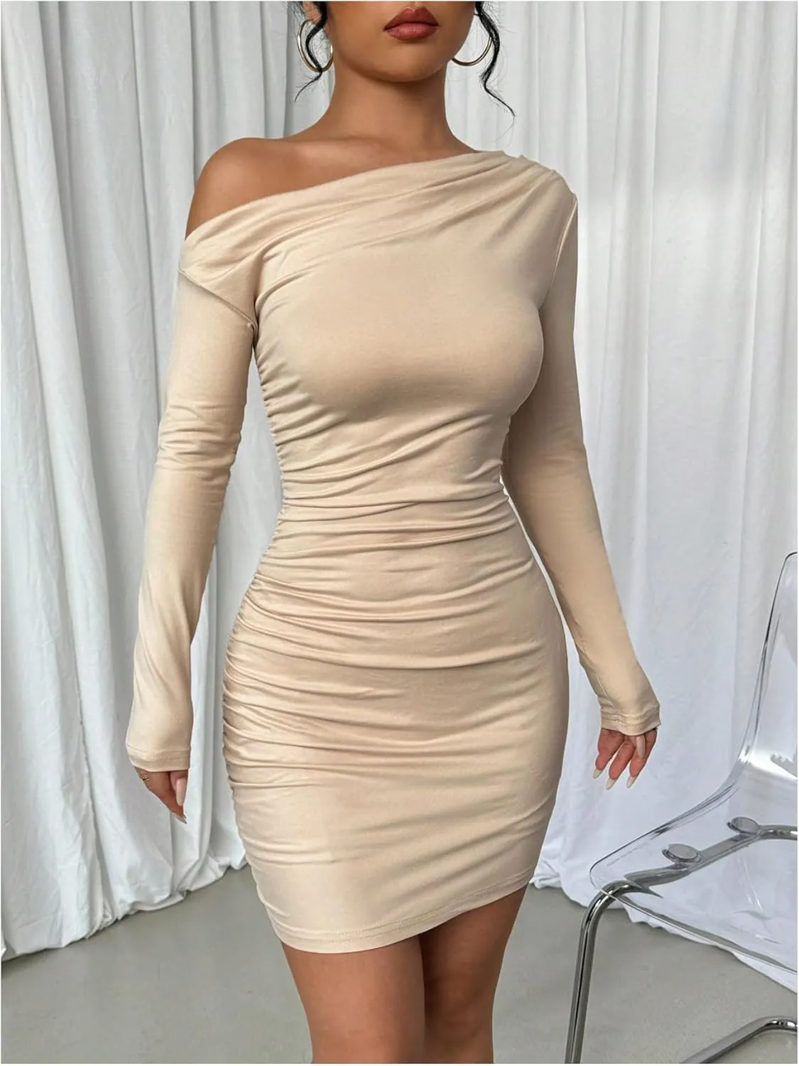 SOLY HUX Women's Ruched Bodycon Mini Dress Off The Shoulder Long Sleeve Fall Dresses