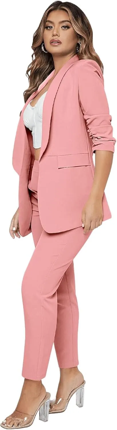 SweatyRocks Women's 2 Piece Solid Ruched Sleeve Blazer and Pants Business Office Suit Set