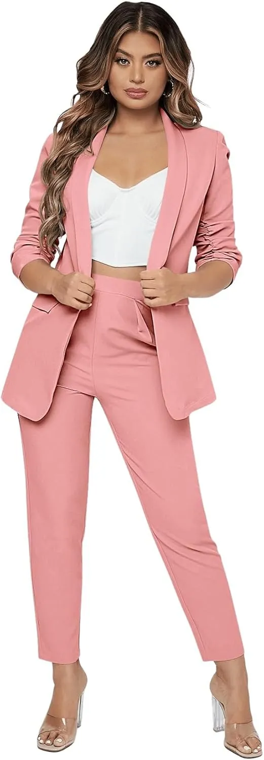 SweatyRocks Women's 2 Piece Solid Ruched Sleeve Blazer and Pants Business Office Suit Set