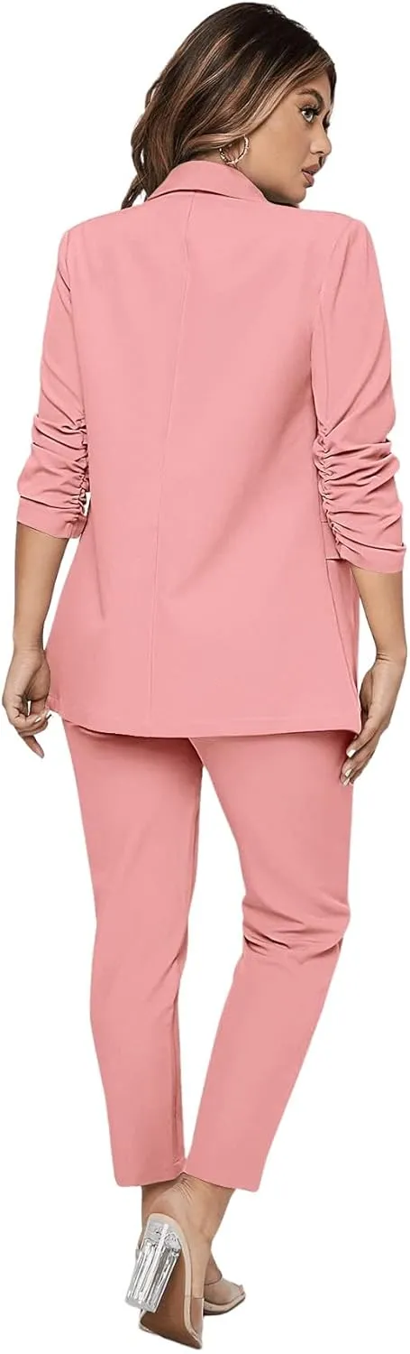 SweatyRocks Women's 2 Piece Solid Ruched Sleeve Blazer and Pants Business Office Suit Set