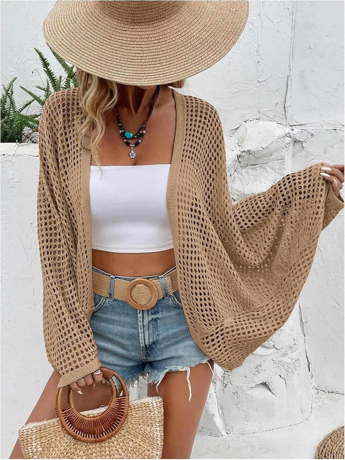 Verdusa Women's Hollow Out Open Front Long Sleeve Oversized Knitted Cardigan Sweater