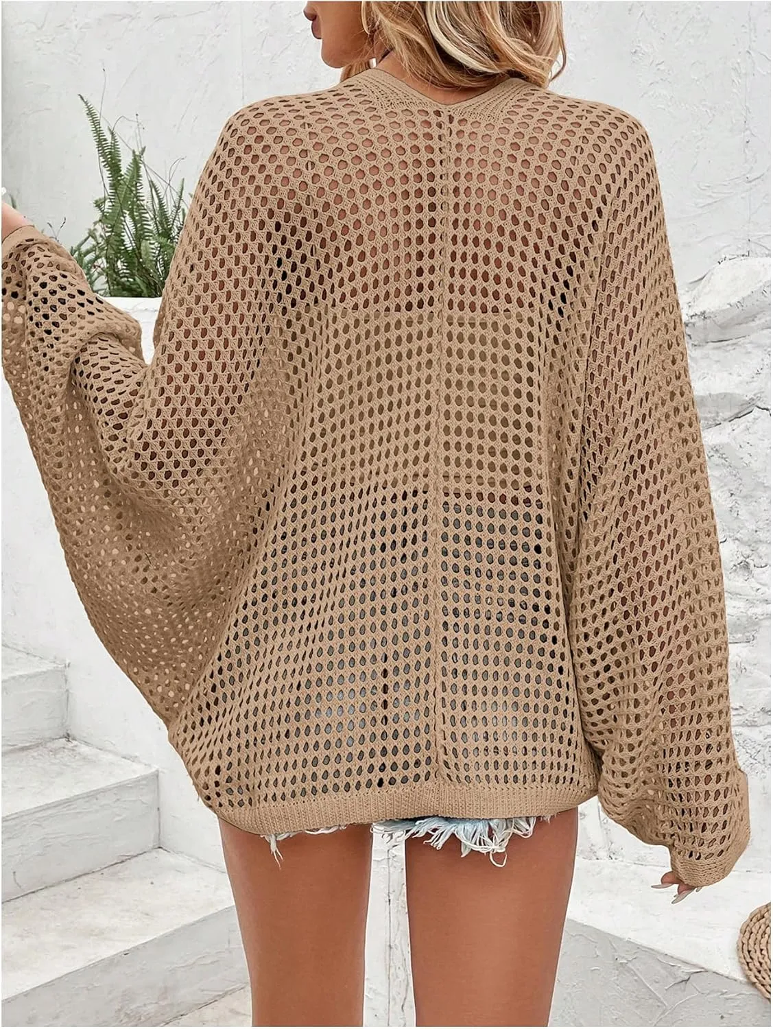 Verdusa Women's Hollow Out Open Front Long Sleeve Oversized Knitted Cardigan Sweater