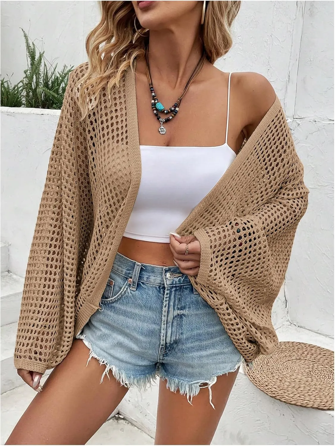 Verdusa Women's Hollow Out Open Front Long Sleeve Oversized Knitted Cardigan Sweater
