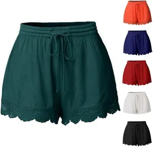 Women Floral Lace Trim Shorts Casual Summer Shorts Plus Size High Waist Drawstring Dressy Shorts Trendy Beach Clothes