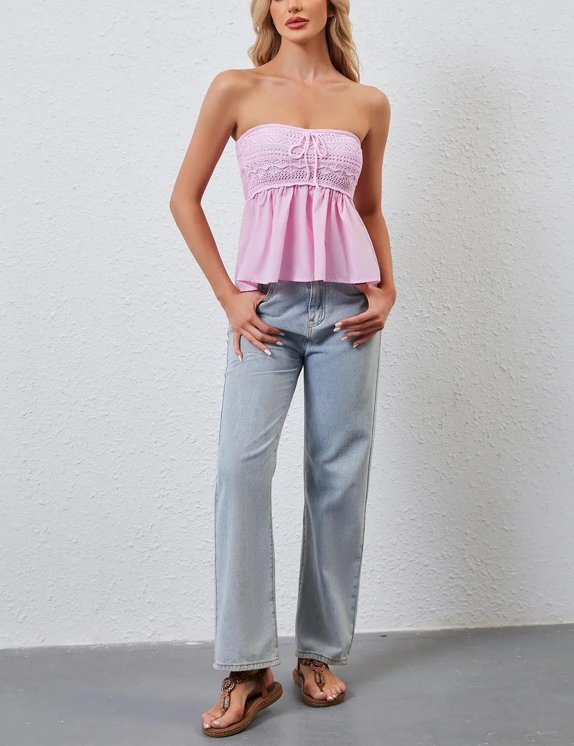 Women Floral Print Strapless Bandeau Top Summer Sleeveless Flowy Cute Tube Tops Y2k Going Out Peplum Top