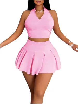 Women's 2 Piece Tennis Skirt Set Sleeveless Racerback Crop Tank Tops High Waisted Pleated Mini Skirt Outfits