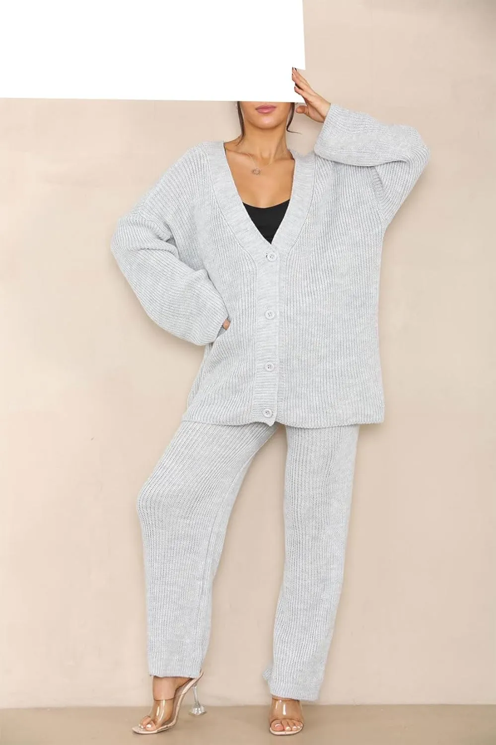 Womens Italian Knitted 4 Button Cardigan Tops Set Ladies Co-Ord Wide Leg Lounge Wear Jogger Tracksuits