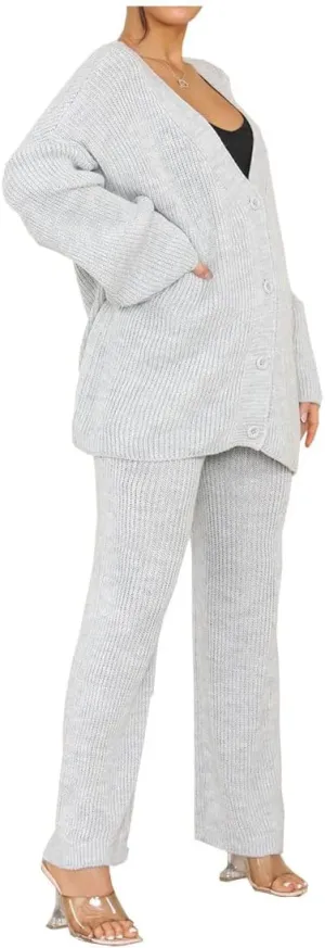Womens Italian Knitted 4 Button Cardigan Tops Set Ladies Co-Ord Wide Leg Lounge Wear Jogger Tracksuits