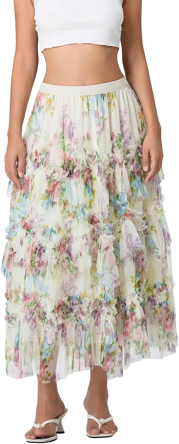 Women's Mesh Floral Skirt Ruffle Irregular Trim Flowy A-line Boho Summer Midi Skirts 2025