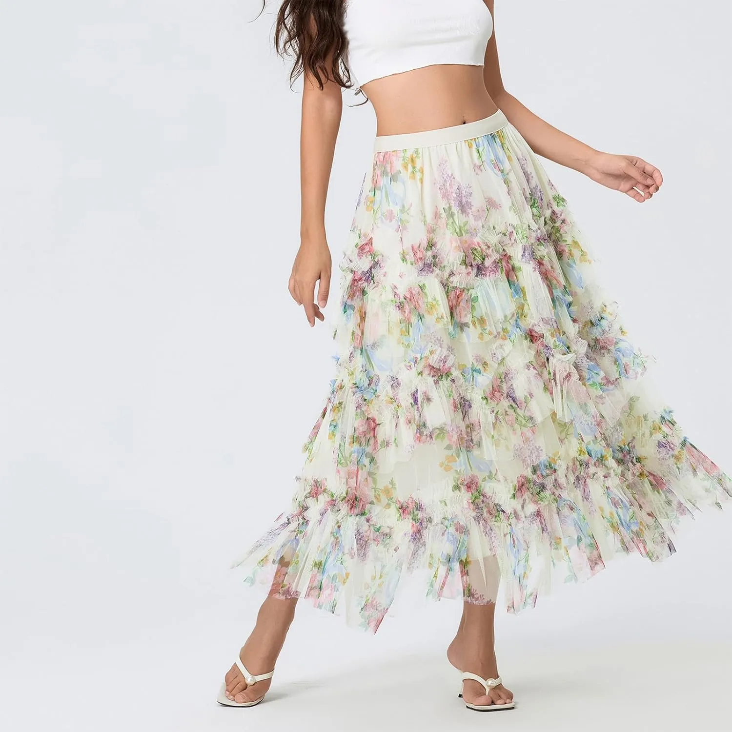 Women's Mesh Floral Skirt Ruffle Irregular Trim Flowy A-line Boho Summer Midi Skirts 2025