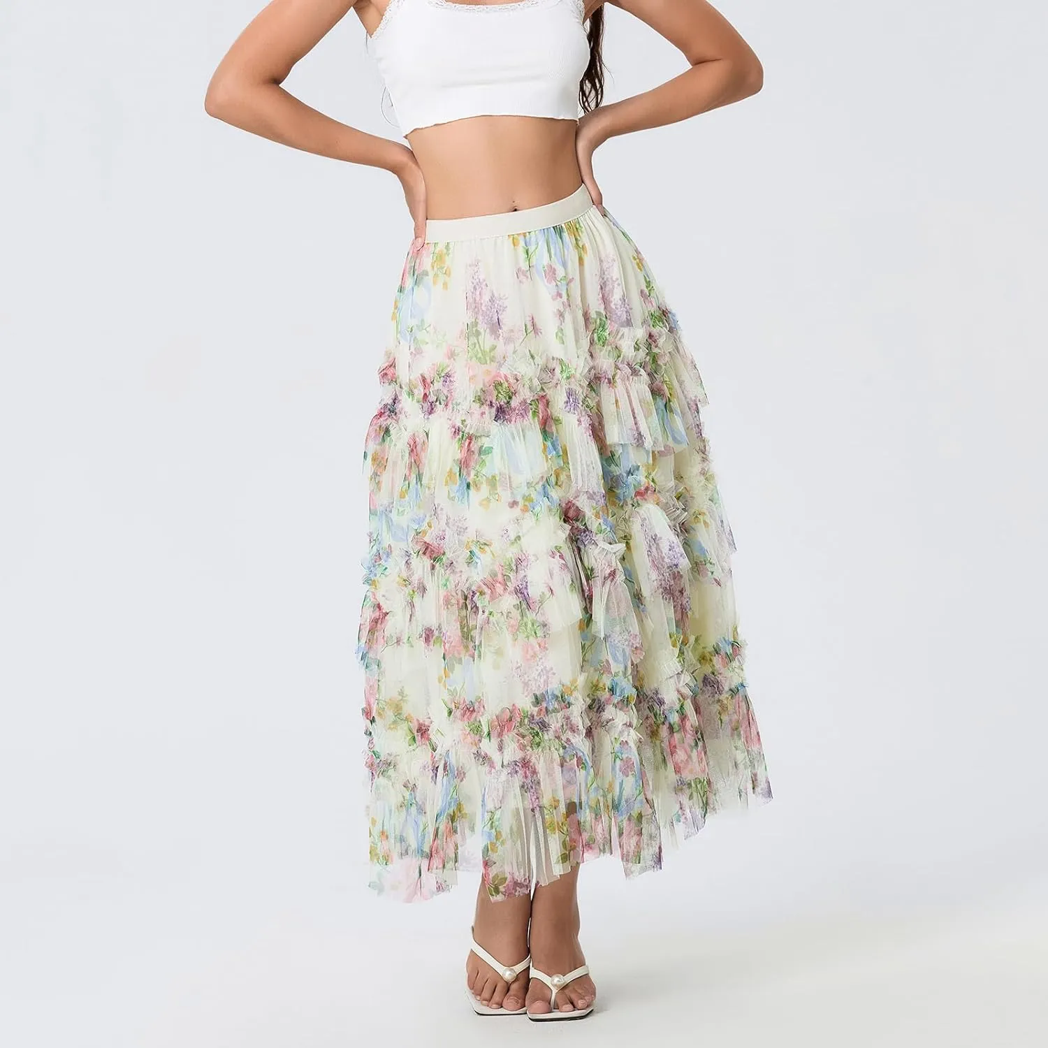 Women's Mesh Floral Skirt Ruffle Irregular Trim Flowy A-line Boho Summer Midi Skirts 2025