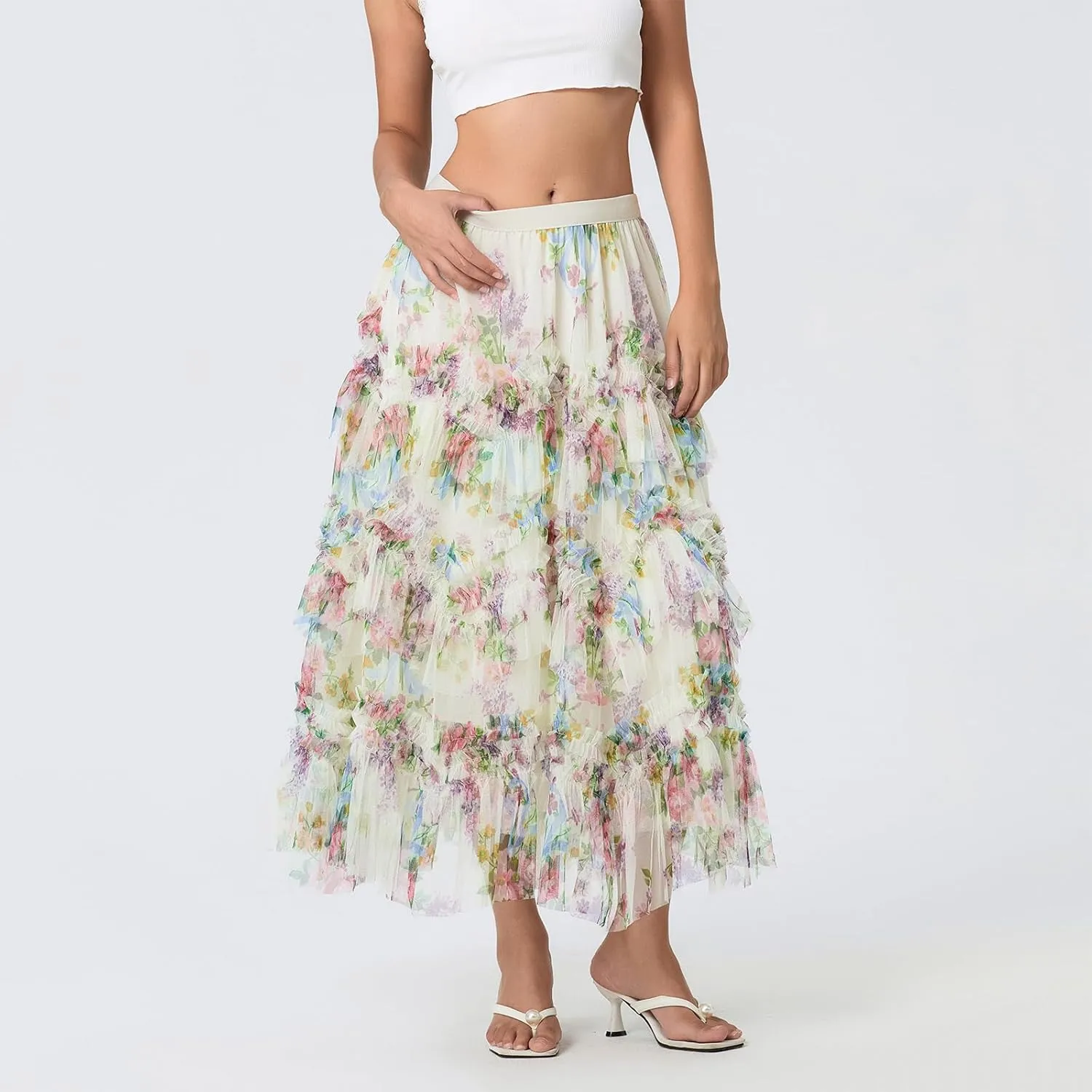 Women's Mesh Floral Skirt Ruffle Irregular Trim Flowy A-line Boho Summer Midi Skirts 2025