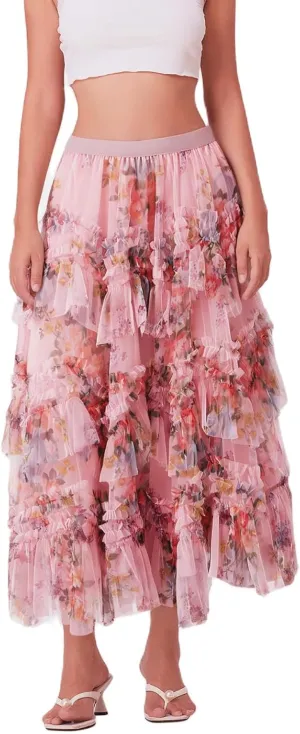 Women's Mesh Floral Skirt Ruffle Irregular Trim Flowy A-line Boho Summer Midi Skirts 2025