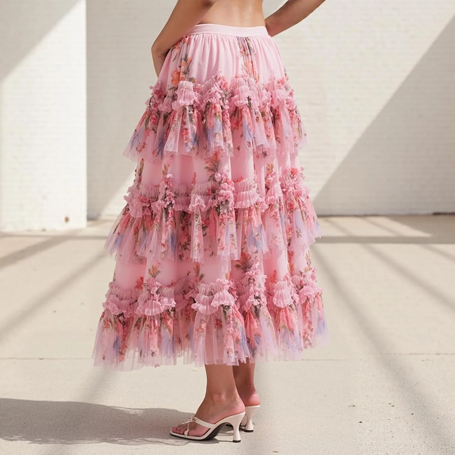 Women's Mesh Floral Skirt Ruffle Irregular Trim Flowy A-line Boho Summer Midi Skirts 2025