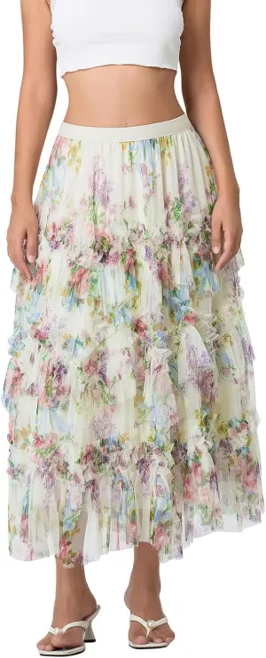 Women's Mesh Floral Skirt Ruffle Irregular Trim Flowy A-line Boho Summer Midi Skirts 2025