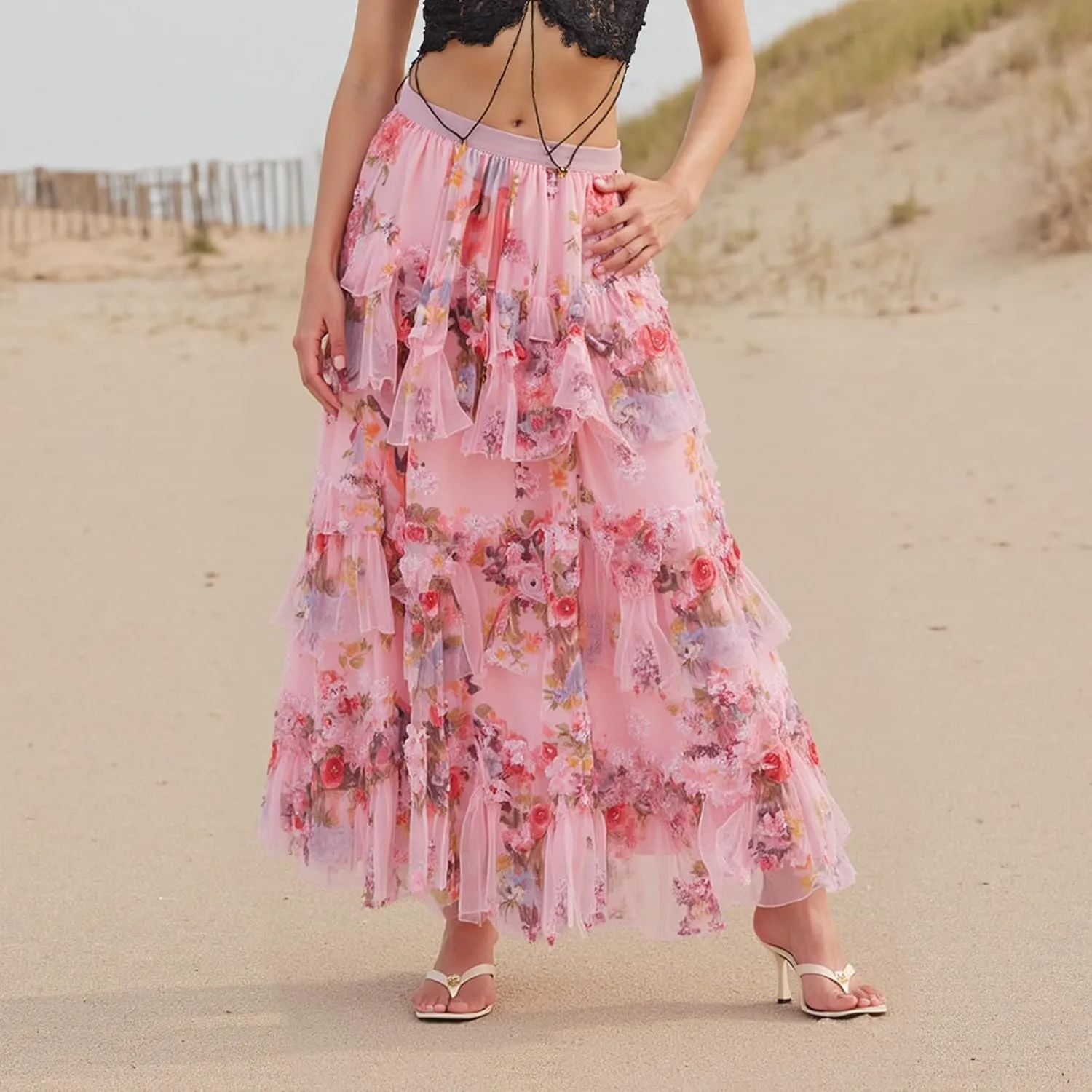 Women's Mesh Floral Skirt Ruffle Irregular Trim Flowy A-line Boho Summer Midi Skirts 2025
