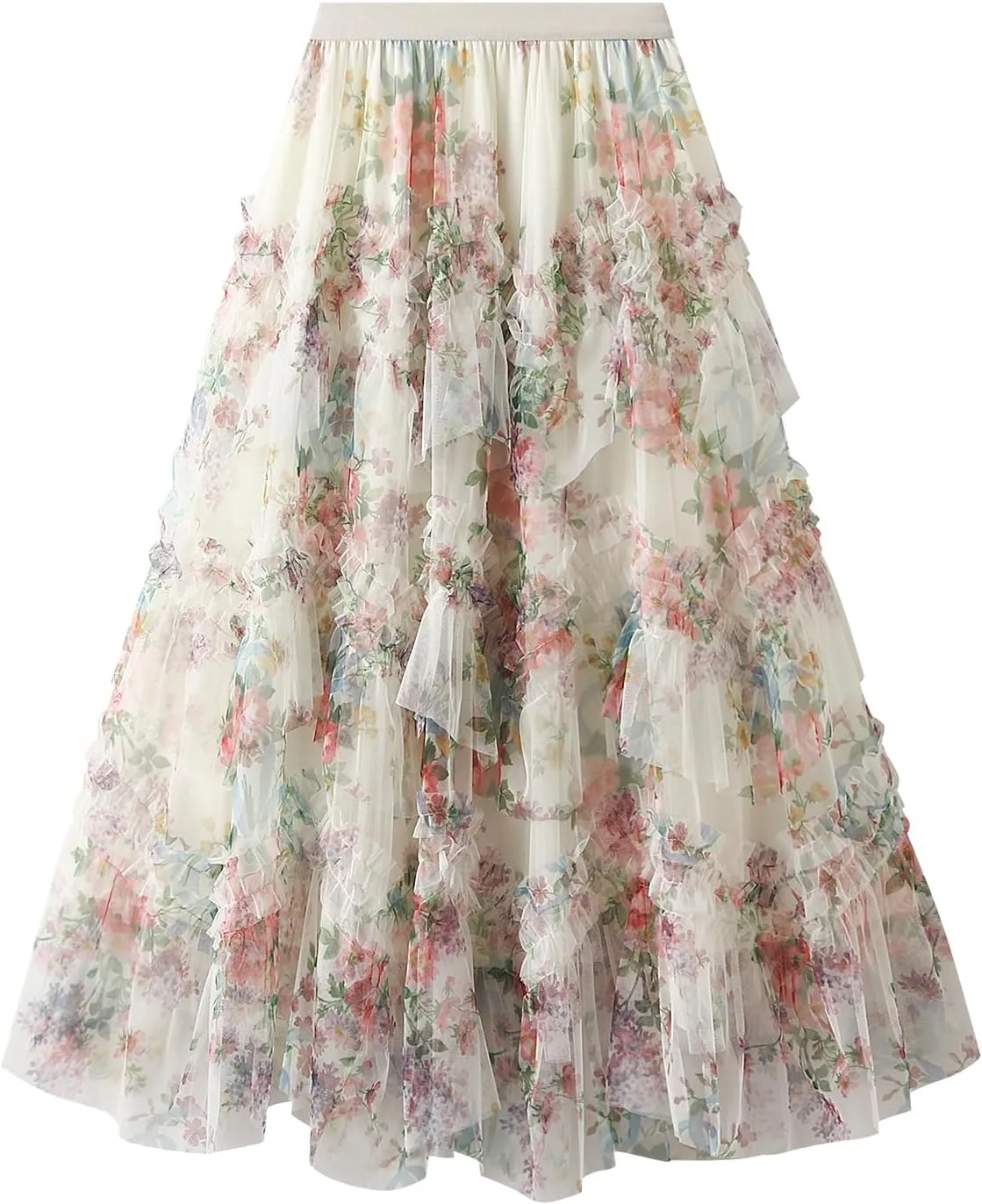 Women's Mesh Floral Skirt Ruffle Irregular Trim Flowy A-line Boho Summer Midi Skirts 2025