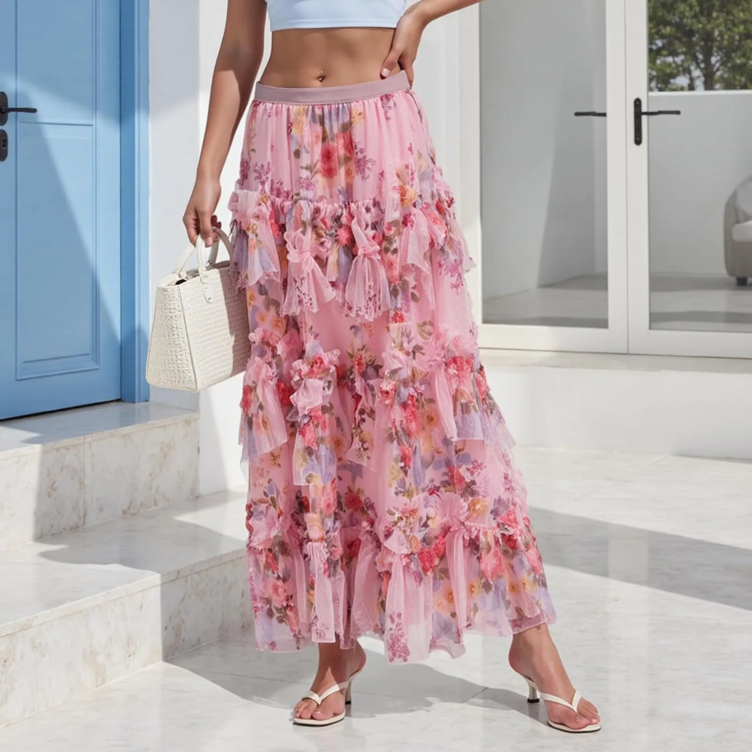 Women's Mesh Floral Skirt Ruffle Irregular Trim Flowy A-line Boho Summer Midi Skirts 2025