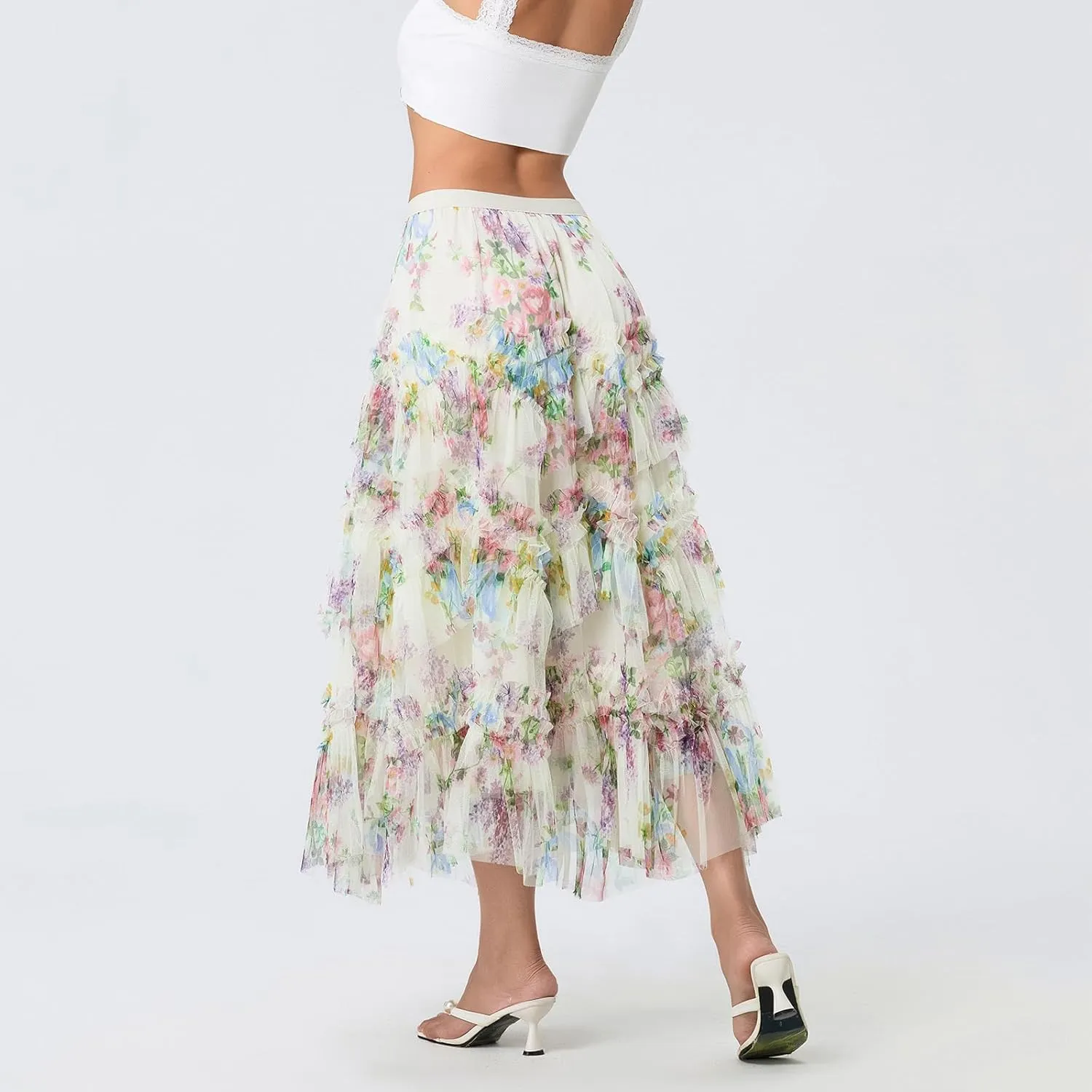 Women's Mesh Floral Skirt Ruffle Irregular Trim Flowy A-line Boho Summer Midi Skirts 2025