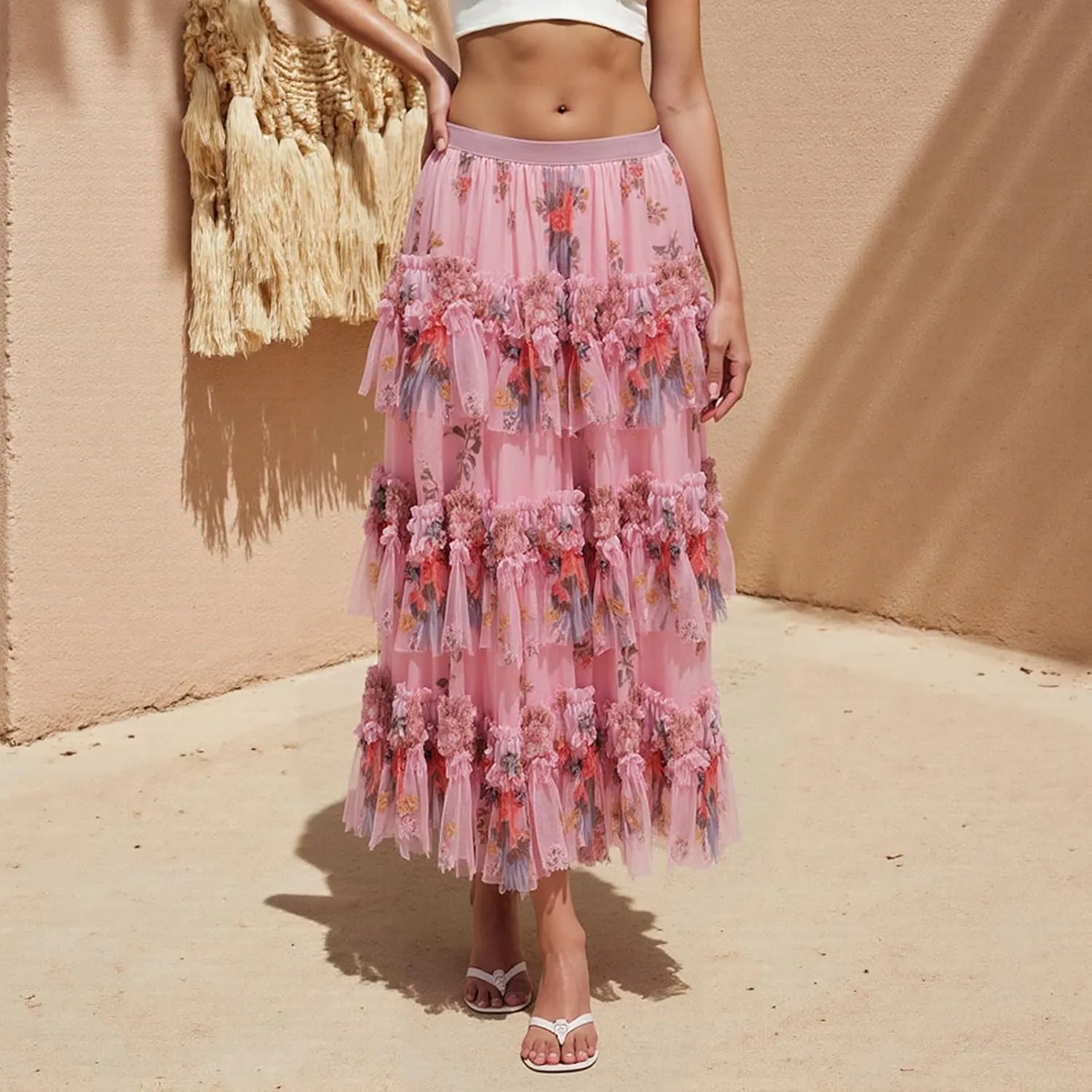 Women's Mesh Floral Skirt Ruffle Irregular Trim Flowy A-line Boho Summer Midi Skirts 2025