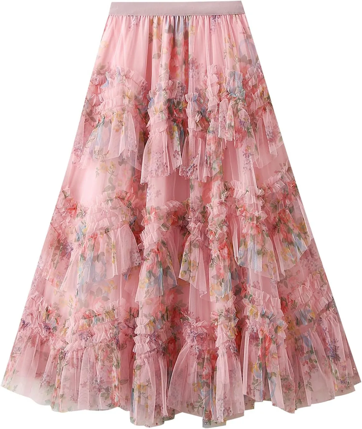 Women's Mesh Floral Skirt Ruffle Irregular Trim Flowy A-line Boho Summer Midi Skirts 2025