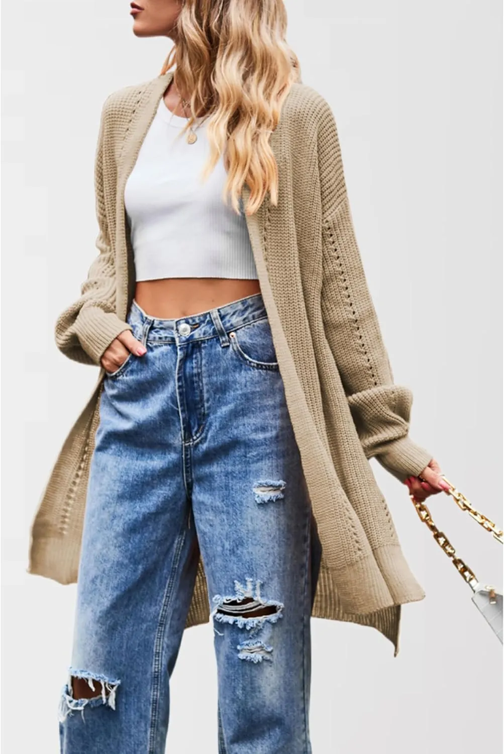 Women's Oversized Open Front Cardigan Lightweight Long Sleeve Knit Sweater with Pockets
