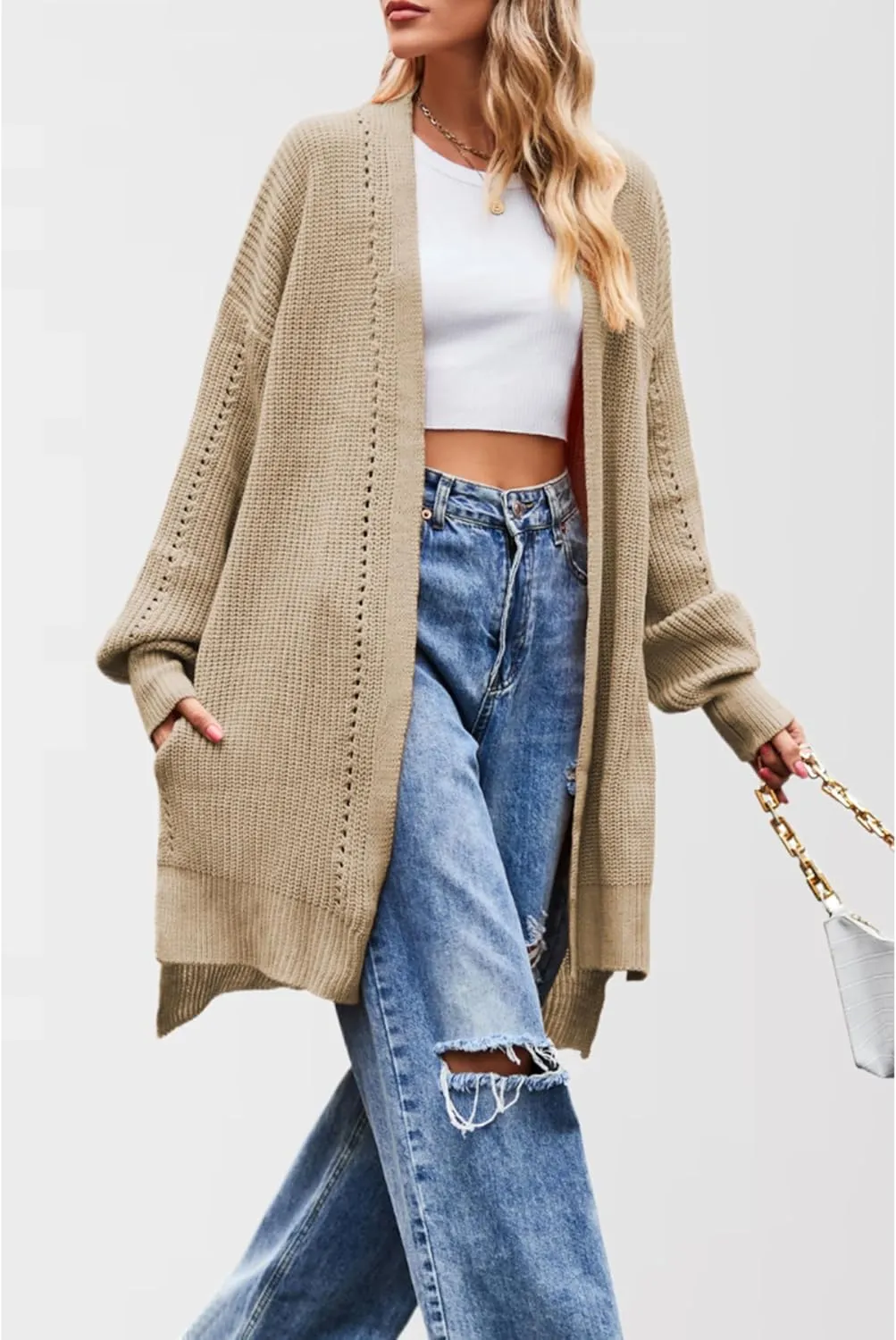 Women's Oversized Open Front Cardigan Lightweight Long Sleeve Knit Sweater with Pockets